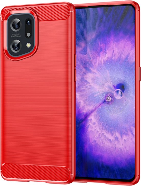 Coque Oppo Find X5 - Coque en gel TPU MobyDefend - Métal brossé + aspect carbone - Rouge - Coque pour téléphone portable - Coque adaptée à : Oppo Find X5