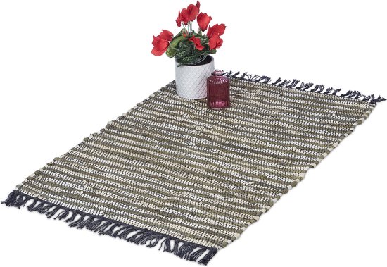 Relaxdays vloerkleed - leder en katoen - binnenkleed - 60 x 100 cm - chill mat - tapijt - kaki