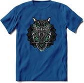 Uil - Dieren Mandala T-Shirt | Aqua | Grappig Verjaardag Zentangle Dierenkop Cadeau Shirt | Dames - Heren - Unisex | Wildlife Tshirt Kleding Kado | - Donker Blauw - L