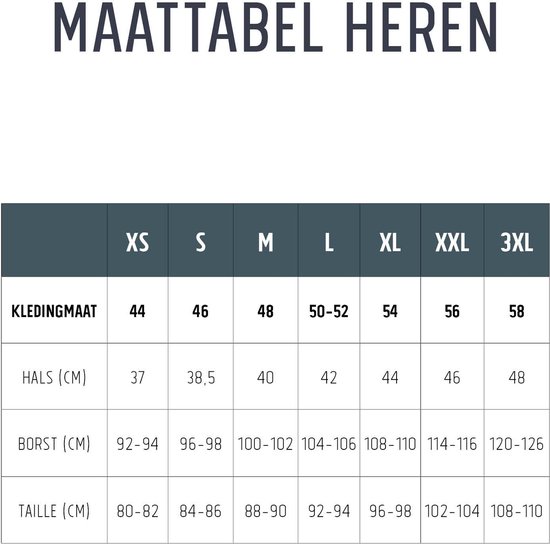 Maattabel voor herenkleding met maten.
