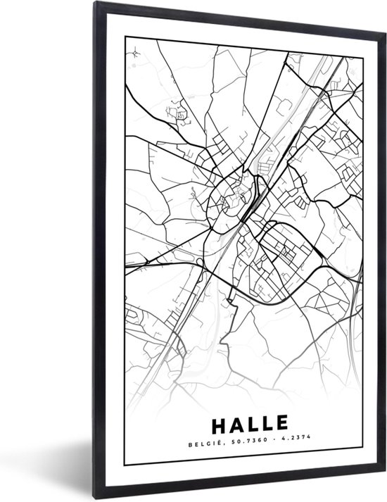 Affiche Zwart Wit - Plan de Ville - Carte - België - Zwart Wit - Halle - Carte - 20x30 cm