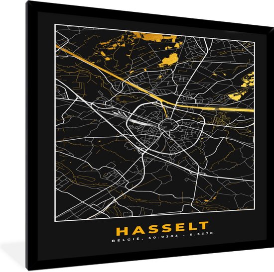 Fotolijst incl. Poster - Plattegrond - Hasselt - Kaart - Stadskaart - Goud - 40x40 cm - Posterlijst