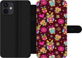 Bookcase Geschikt voor iPhone 12 Mini telefoonhoesje - Meisjes - Uil - Chocolade - Patronen - Girl - Kind - Kinderen - Met vakjes - Wallet case met magneetsluiting