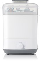 Witte stoomsterilisator met transparante deksel, met twee spenen en lepels erin.