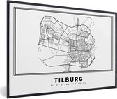 Fotolijst incl. Poster Zwart Wit- Kaart – Plattegrond – Stadskaart – Tilburg – Nederland – Zwart Wit - 60x40 cm - Posterlijst