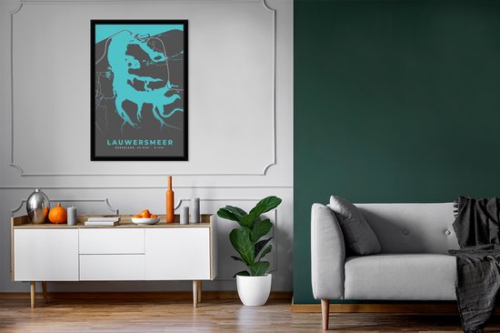 Poster in lijst - Fotolijst 60x90 cm - Posters - Lauwersmeer - Kaart - Nederland - Stadskaart - Plattegrond - Lauwersmeer - Posterlijst zwart - Decoratie - Wanddecoratie woonkamer - Muurdecoratie slaapkamer