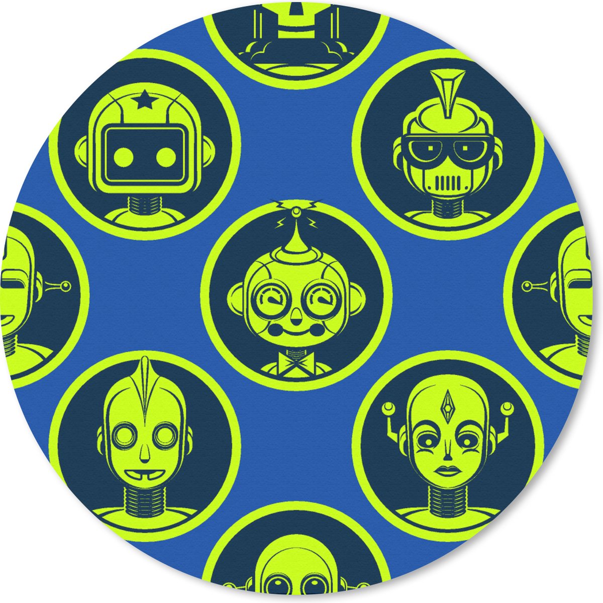 Muismat rond 50x50 cm - Mousepad Patronen - Robot - Geel - Blauw - Jongens - Kinderen - Kids - Jongetje - Ronde muismatten