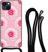 Hoesje met koord Geschikt voor iPhone 13 - Meiden - Bloem - Roze - Patronen - Girl - Kids - Kinderen - Siliconen - Crossbody - Backcover met Koord - Telefoonhoesje met koord - Hoesje met touw