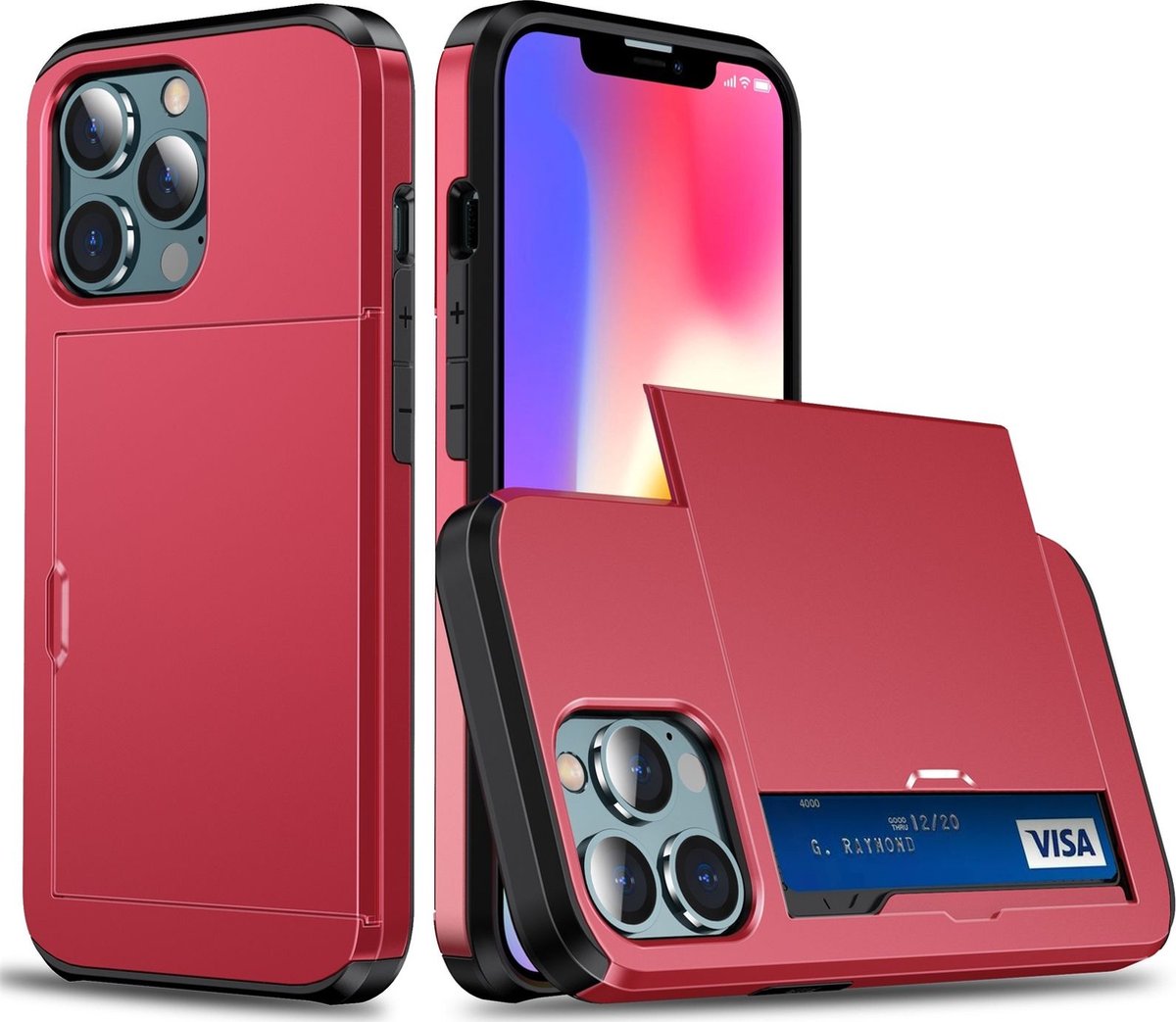 Mobigear Card Telefoonhoesje geschikt voor Apple iPhone 13 Pro Max Shockproof Hardcase Hoesje + Kaarthouder - Rood