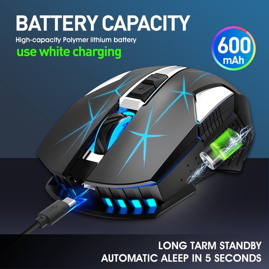 Zwarte draadloze muis met blauwe gloeiende lijnen, opgeladen via USB-C, met 600 mAh batterij.