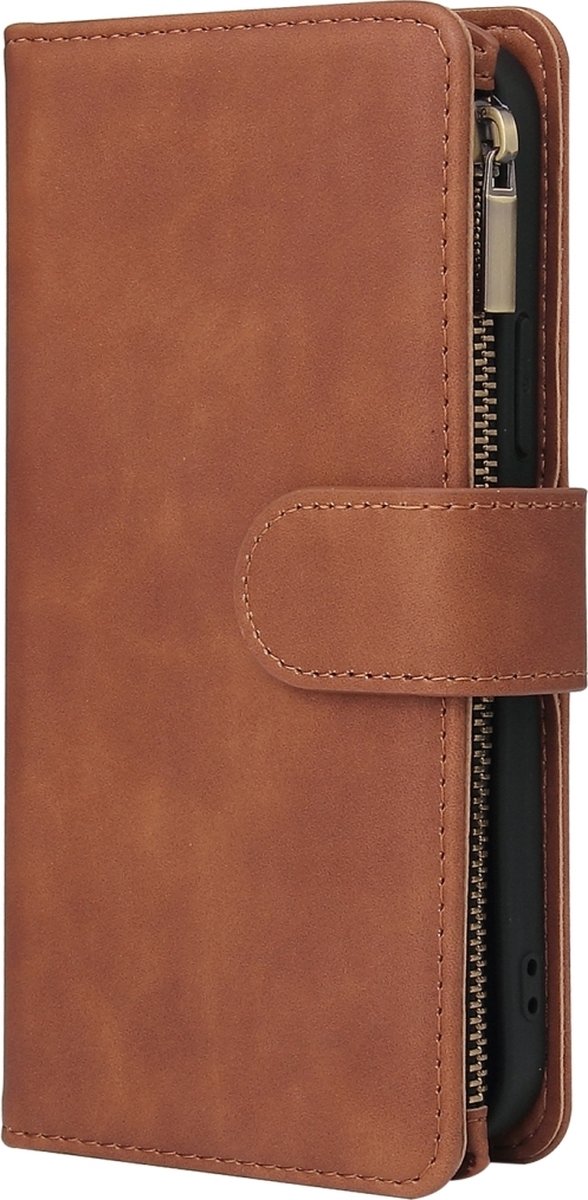 Mobigear Telefoonhoesje geschikt voor Apple iPhone 12 Hoesje | Mobigear Zipper Bookcase Portemonnee | Pasjeshouder voor 6 Pasjes | Telefoonhoesje voor Pinpas / OV Kaart / Rijbewijs - Bruin
