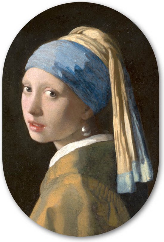 Wandovaal muursticker Meisje met de parel - WallCatcher | Behangsticker 40x60 cm | Ovalen schilderij | Muurovaal Meesterwerk van Johannes Vermeer