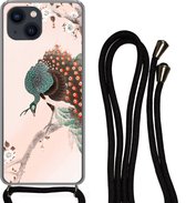 Hoesje met koord Geschikt voor iPhone 13 Mini - Bloesem - Pauw - Veren - Japandi - Siliconen - Crossbody - Backcover met Koord - Telefoonhoesje met koord - Hoesje met touw