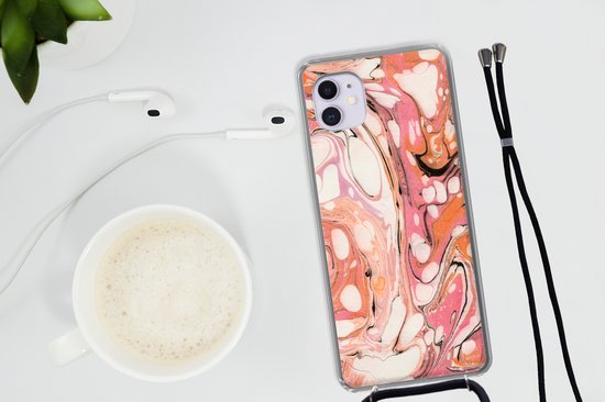 Coque avec cordon iPhone 11 - Imprimé marbré - Oranje - Zwart - Siliconen - Bandoulière - Coque arrière avec cordon - Coque pour téléphone avec cordon - Coque avec corde