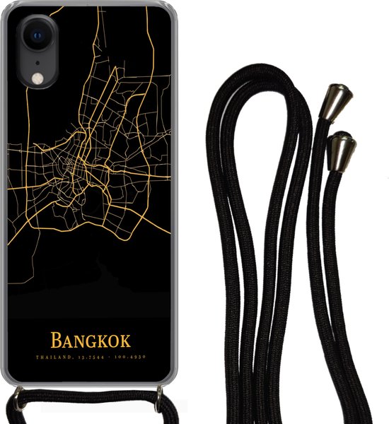 Telefoonkoord - Telefoonketting - Telefoonhoesje Geschikt voor iPhone XR - Bangkok - Kaart - Goud - Siliconen - Crossbody - Telefoonhoesje met koord