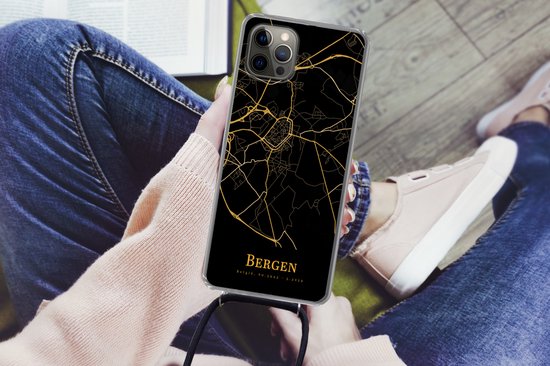 Telefoonkoord - Telefoonketting - Telefoonhoesje Geschikt voor iPhone 13 Pro - Bergen - Kaart - Goud - Siliconen - Crossbody - Telefoonhoesje met koord Telefoonhoesje