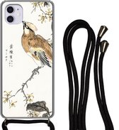 Hoesje met koord Geschikt voor iPhone 11 - Vintage - Vogel - Japans - Tekens - Siliconen - Crossbody - Backcover met Koord - Telefoonhoesje met koord - Hoesje met touw