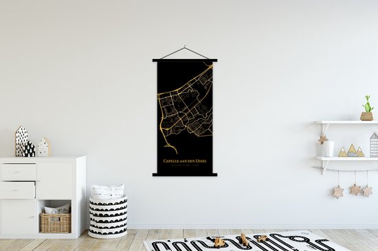 Posterhanger incl. Poster 90x180 cm - Schoolplaat - Capelle aan den IJssel - Kaart - Gold - Textielposter - Zwarte latten