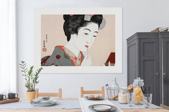 Canvas schilderij 160x120 cm - Wanddecoratie Vintage - Japans - Vrouw - Make up - Muurdecoratie woonkamer - Slaapkamer decoratie - Kamer accessoires - Schilderijen op canvas