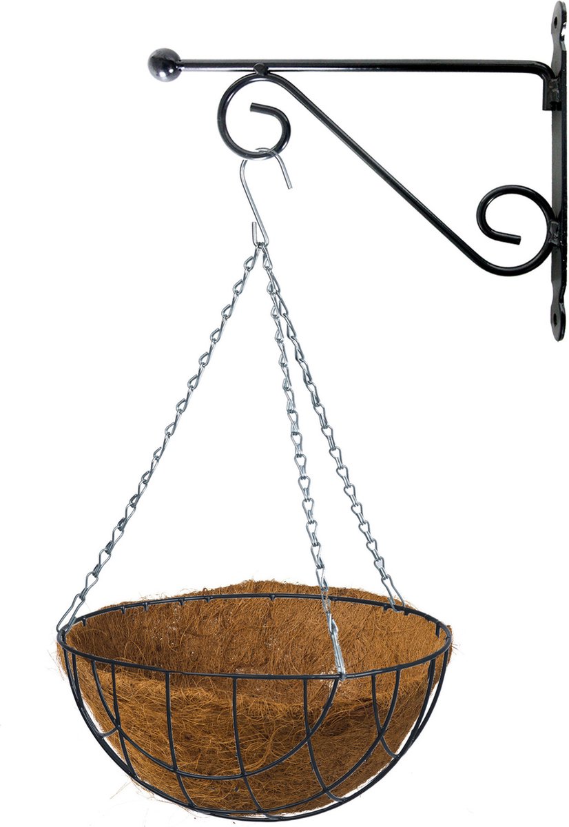Hanging basket 25 cm met metalen muurhaak en kokos inlegvel - Complete hangmand set van gietijzer