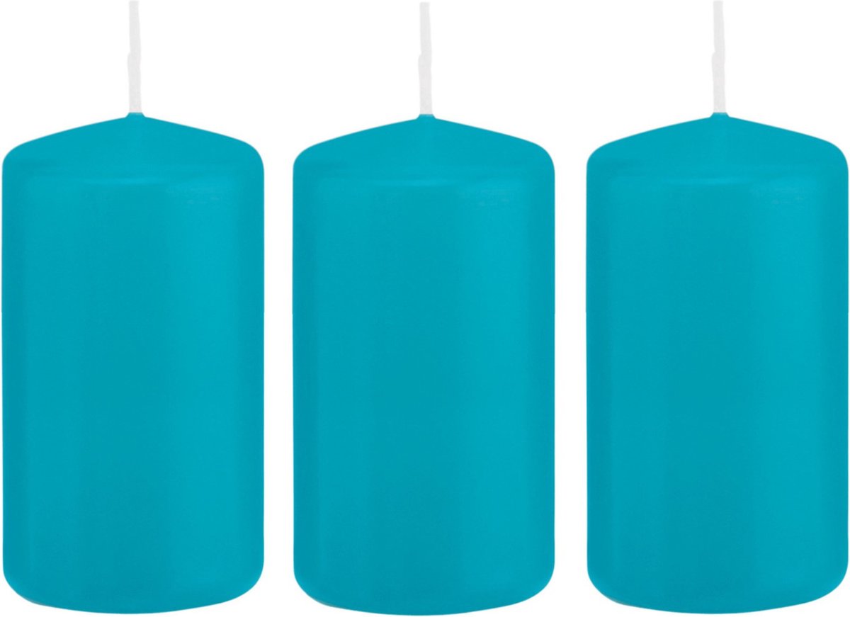 Trend Candles Cilinderkaars/stompkaars - 4x - turquoise - 5 x 10 cm - 23 branduren - met brandvertragende folie