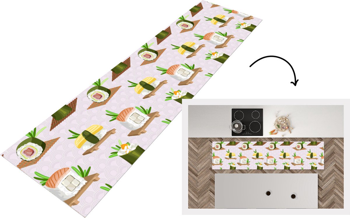 KitchenYeah Keukenloper - Loper keuken - Patronen - Eten - Sushi - Japan - 240x60 cm - Keukenloper vinyl Multicolor