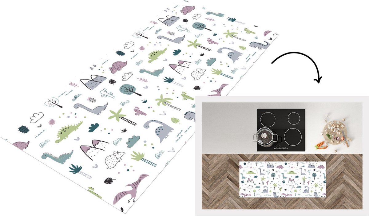 KitchenYeah Keukenloper - Loper keuken - Patroon - Dinosaurus - Kinderen - 120x50 cm - Keukenloper vinyl Multicolor
