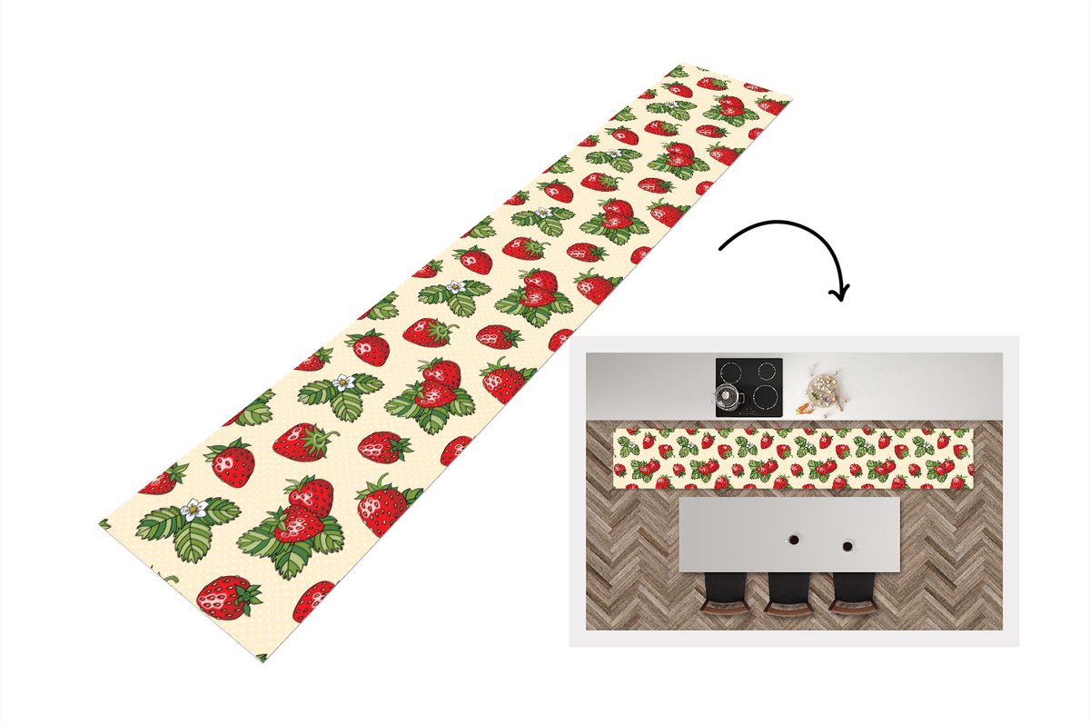 KitchenYeah Keukenloper - Loper keuken - Aardbeien - Fruit - Patronen - 300x50 cm - Keukenloper vinyl Multicolor