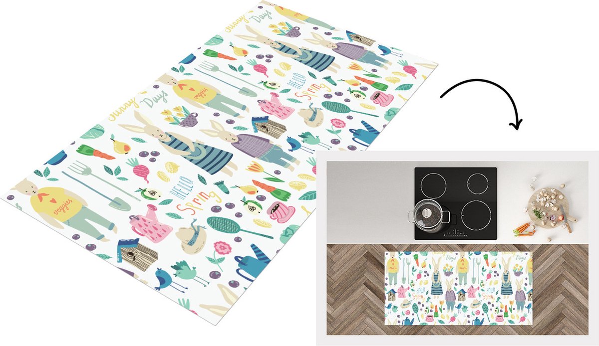 KitchenYeah Keukenloper - Loper keuken - Patronen - Konijn - Lente - Tuin - 120x60 cm - Keukenloper vinyl Multicolor