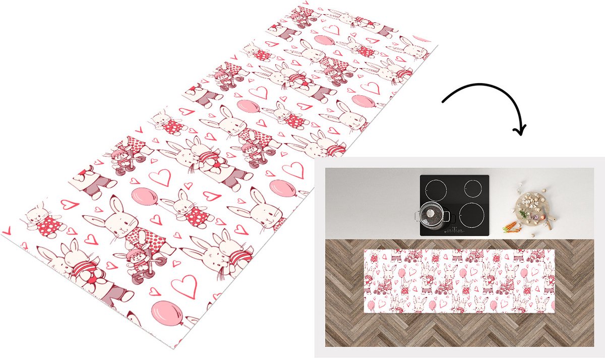 KitchenYeah Keukenloper - Loper keuken - Konijnen - Liefde - Patronen - 180x60 cm - Keukenloper vinyl Multicolor