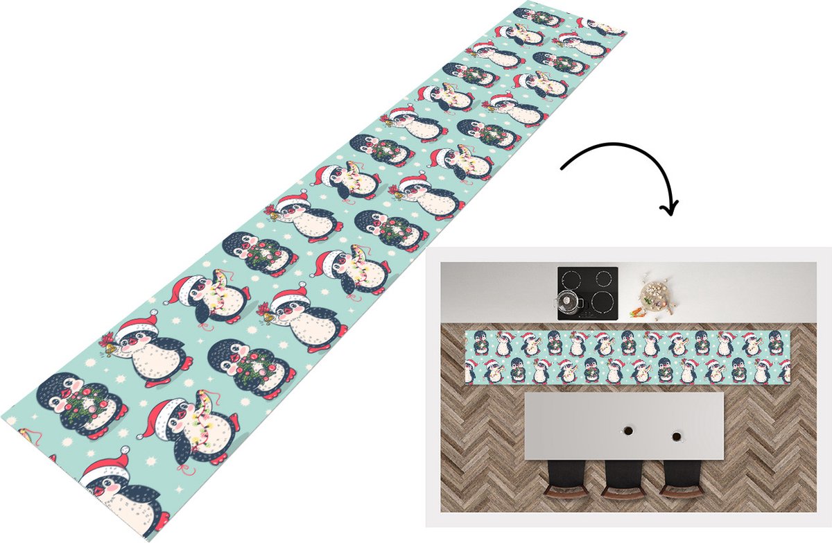 KitchenYeah Keukenloper - Loper keuken - Pinguïn - Lichtsnoer - Kerstkrans - Patronen - 300x50 cm - Keukenloper vinyl Multicolor