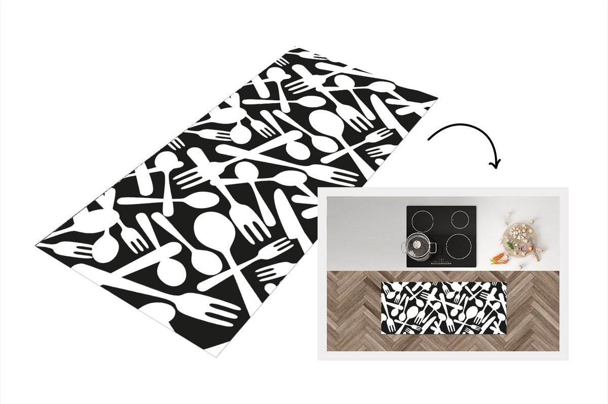 KitchenYeah Keukenloper - Loper keuken - Bestek - Patronen - Zwart Wit - 120x50 cm - Keukenloper vinyl Zwart; Wit