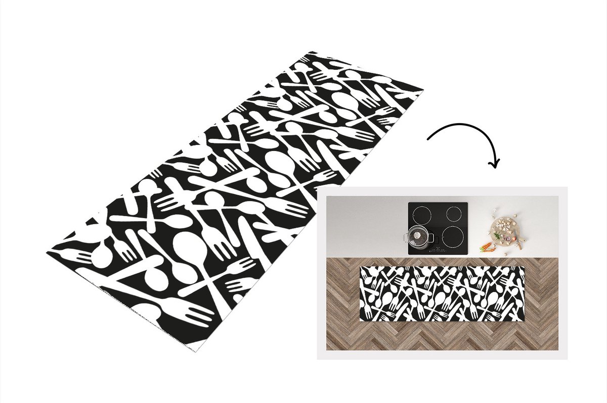 KitchenYeah Keukenloper - Loper keuken - Bestek - Patronen - Zwart Wit - 200x50 cm - Keukenloper vinyl, foto 5