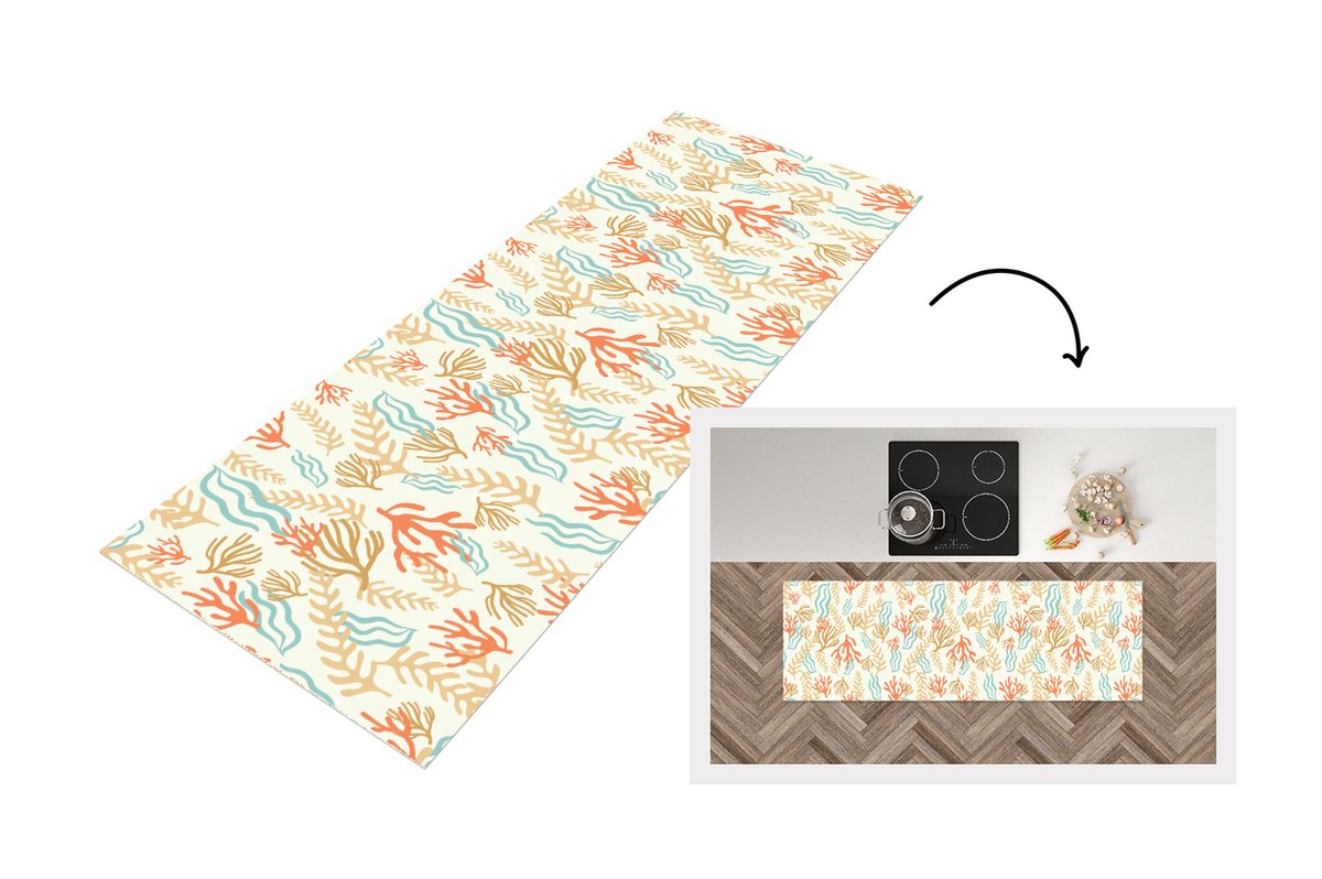 KitchenYeah Keukenloper - Loper keuken - Patronen - Strand - Zee - Waterplanten - 180x60 cm - Keukenloper vinyl Multicolor