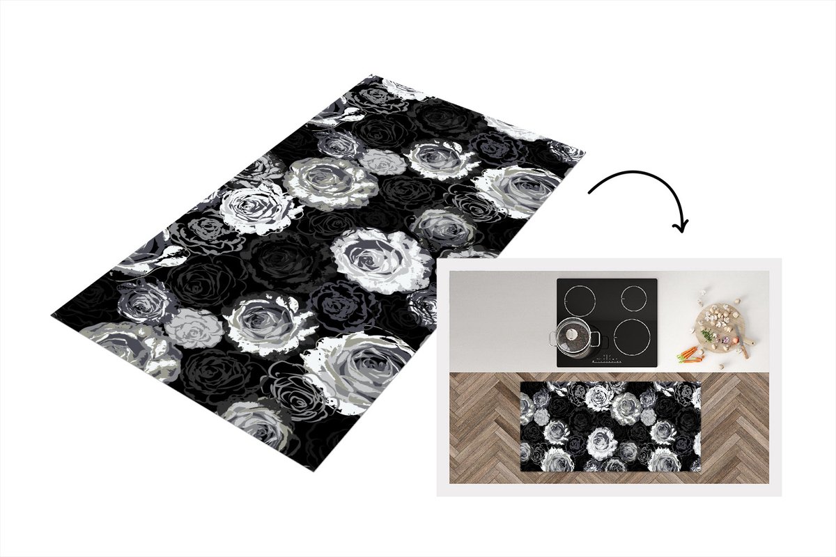 KitchenYeah Keukenloper - Loper keuken - Rozen - Zwart Wit - Patronen - 120x60 cm - Keukenloper vinyl Zwart; Wit