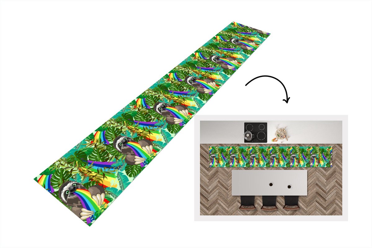 KitchenYeah Keukenloper - Loper keuken - Luiaard - Regenboog - Bladeren - Patronen - 300x50 cm - Keukenloper vinyl Multicolor