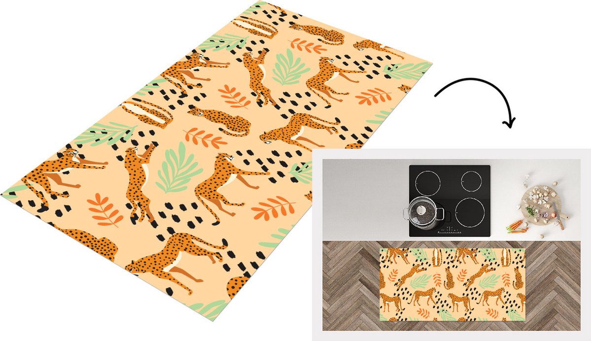 KitchenYeah Keukenloper - Loper keuken - Patroon - Jachtluipaard - Bladeren - 120x60 cm - Keukenloper vinyl Multicolor
