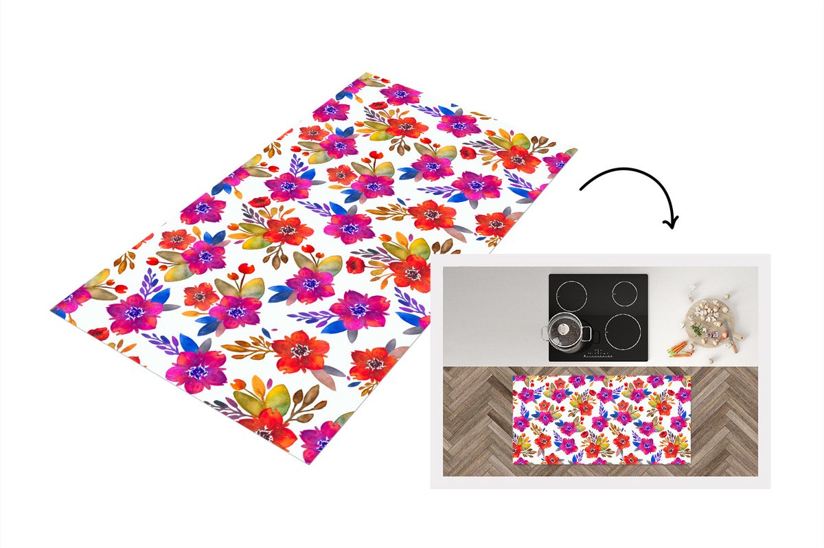 KitchenYeah Keukenloper - Loper keuken - Waterverf - Bloemen - Paars - 120x60 cm - Keukenloper vinyl Multicolor
