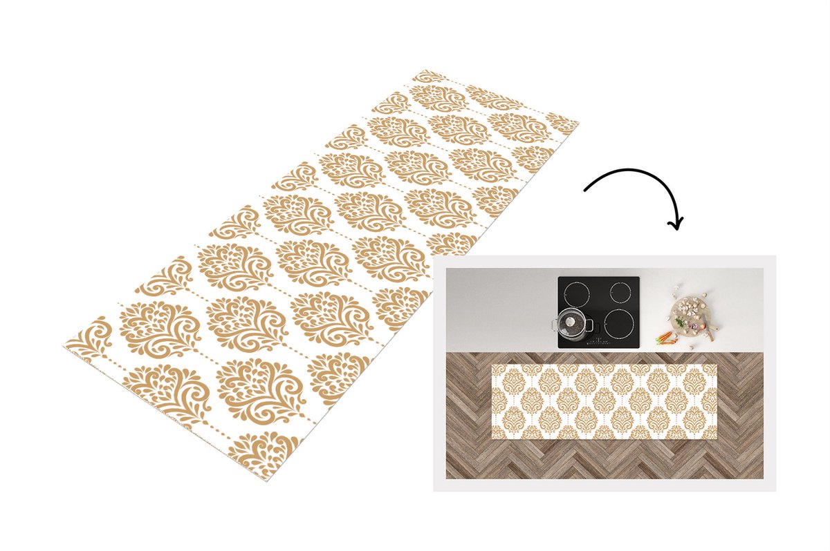 KitchenYeah Keukenloper - Loper keuken - Vintage - Bloemen - Goud - Design - 150x50 cm - Keukenloper vinyl Multicolor