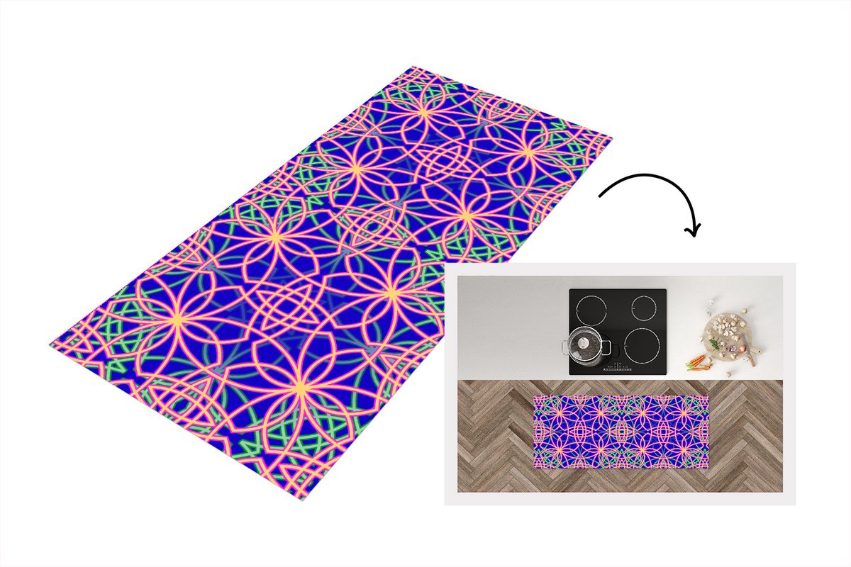 KitchenYeah Keukenloper - Loper keuken - Bloemen - Neon - Patroon - 120x50 cm - Keukenloper vinyl Multicolor