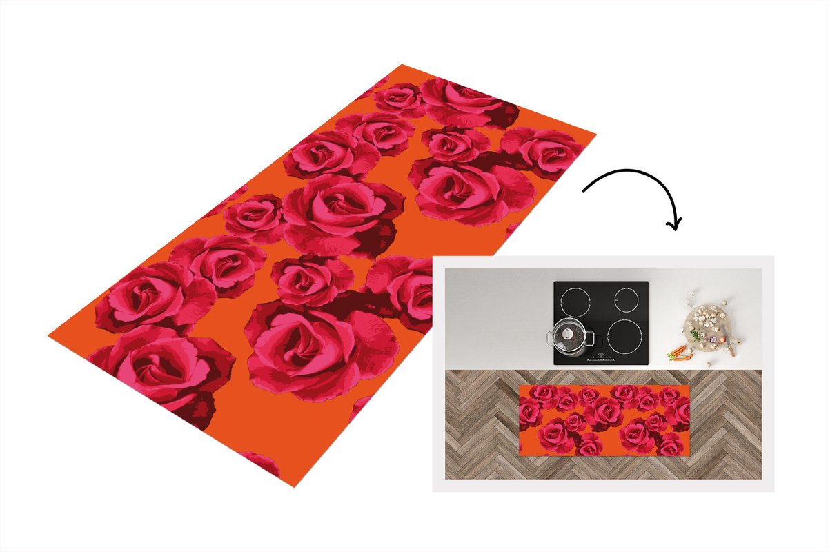 KitchenYeah Keukenloper - Loper keuken - Rozen - Oranje - Patroon - Keukenloper vinyl Multicolor