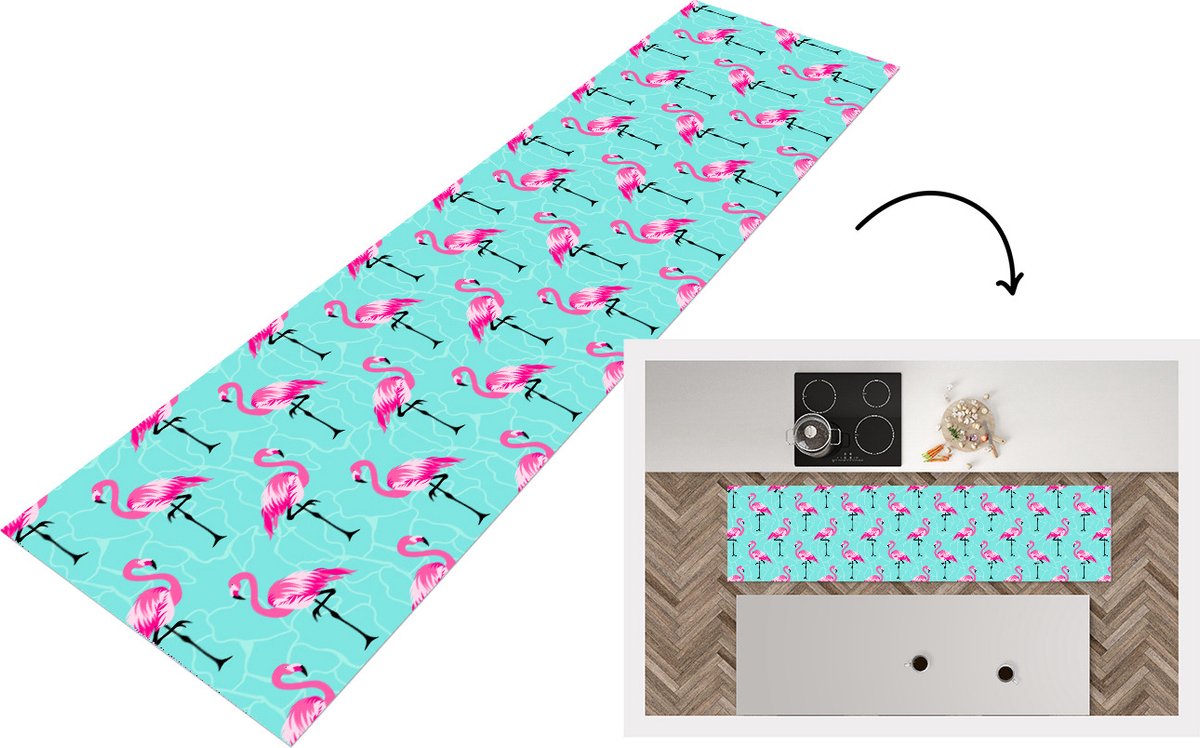 KitchenYeah Keukenloper - Loper keuken - Flamingo - Roze - Patroon - 200x50 cm - Keukenloper vinyl Multicolor