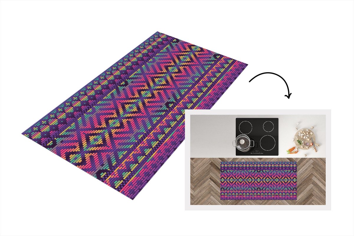 KitchenYeah Keukenloper - Loper keuken - Breien - Patronen - Regenboog - 120x60 cm - Keukenloper vinyl Multicolor