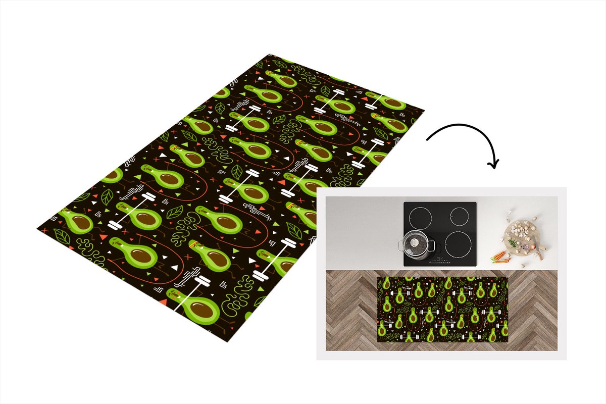 KitchenYeah Keukenloper - Loper keuken - Avocado - Fitness - Patronen - 120x60 cm - Keukenloper vinyl Multicolor