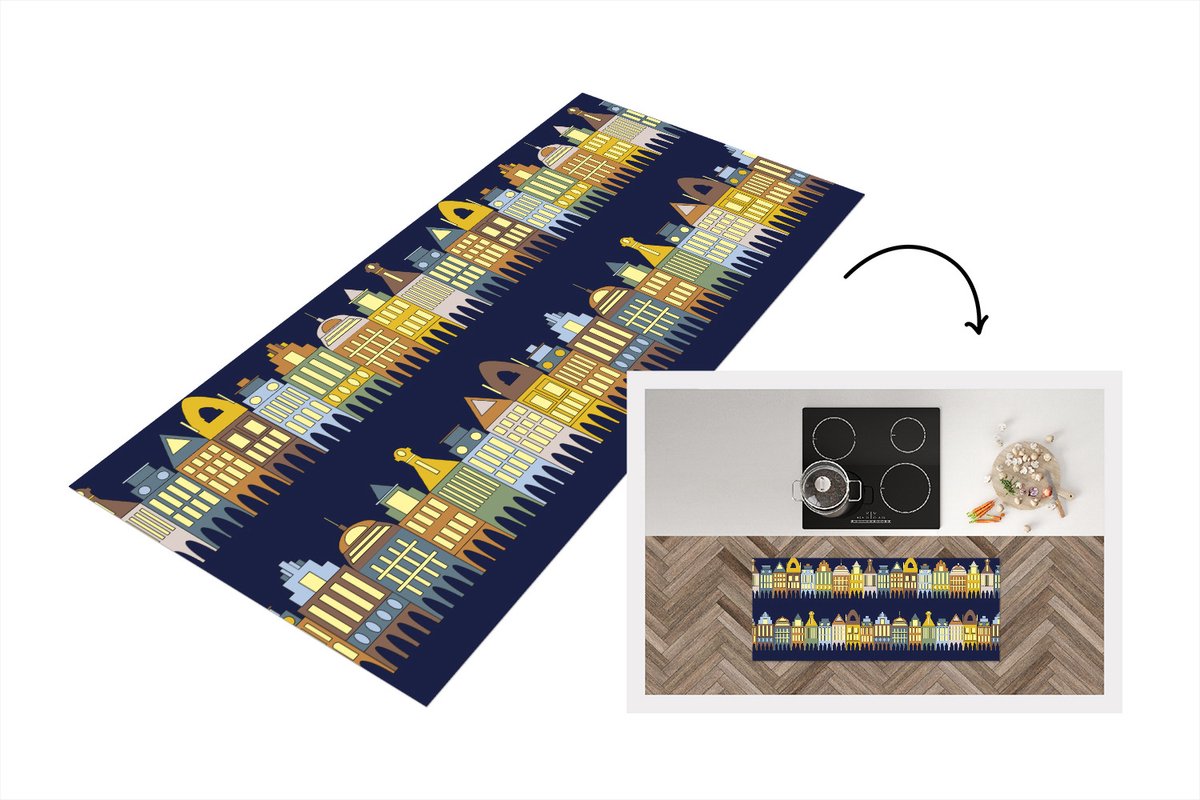 KitchenYeah Keukenloper - Loper keuken - Patronen - Huizen - Gebouw - 120x50 cm - Keukenloper vinyl Multicolor