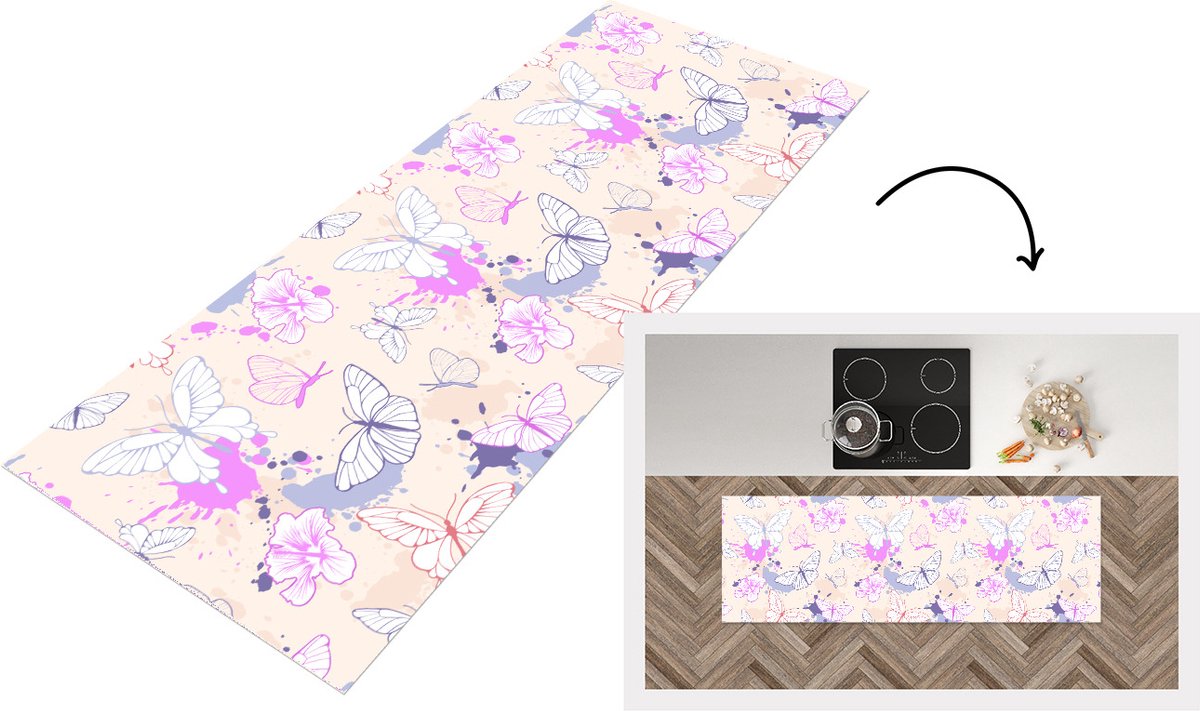 KitchenYeah Keukenloper - Loper keuken - Vlinder - Patronen - Bloemen - 180x60 cm - Keukenloper vinyl Multicolor