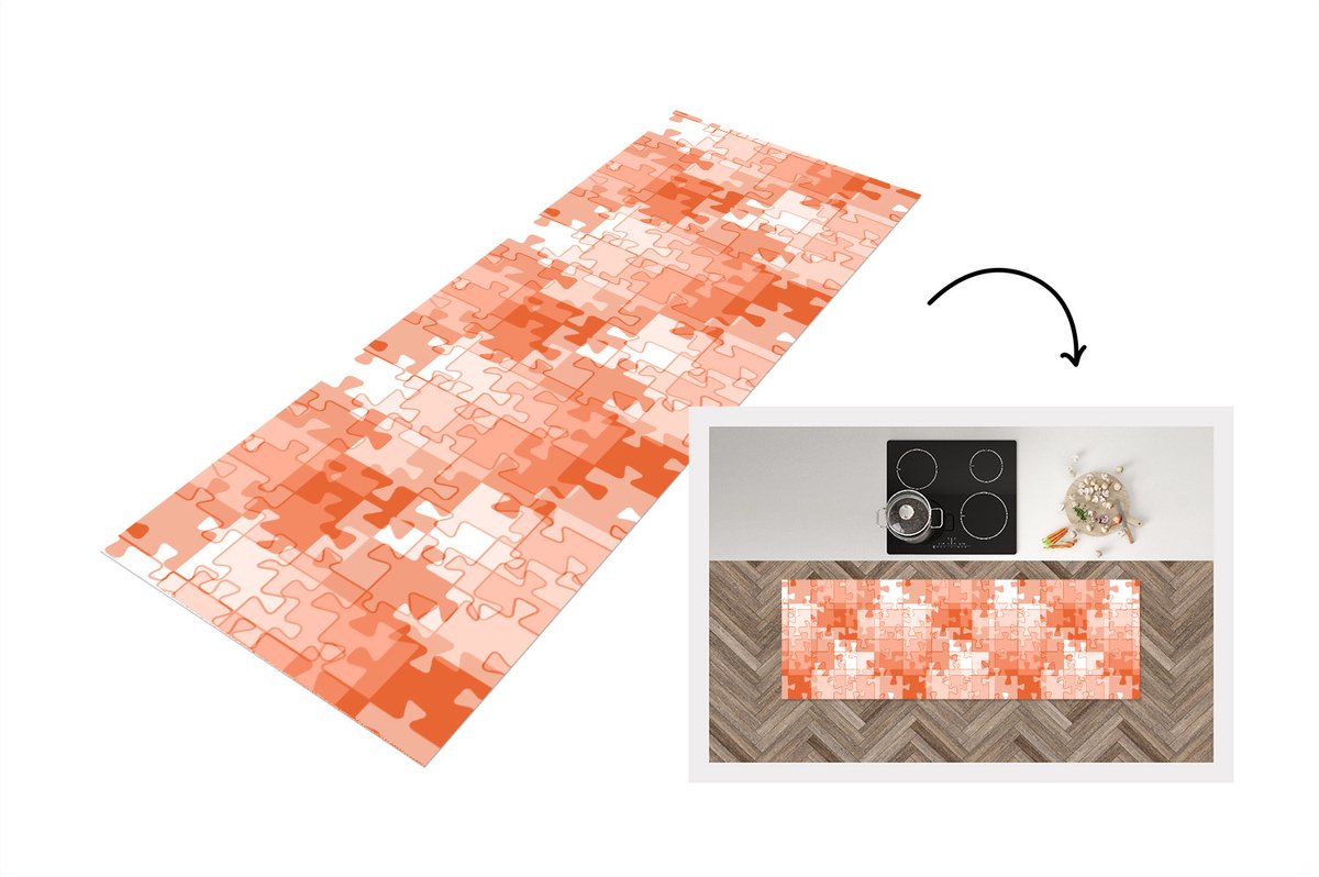 KitchenYeah Keukenloper - Loper keuken - Puzzel - Oranje - Patronen - 180x60 cm - Keukenloper vinyl Multicolor