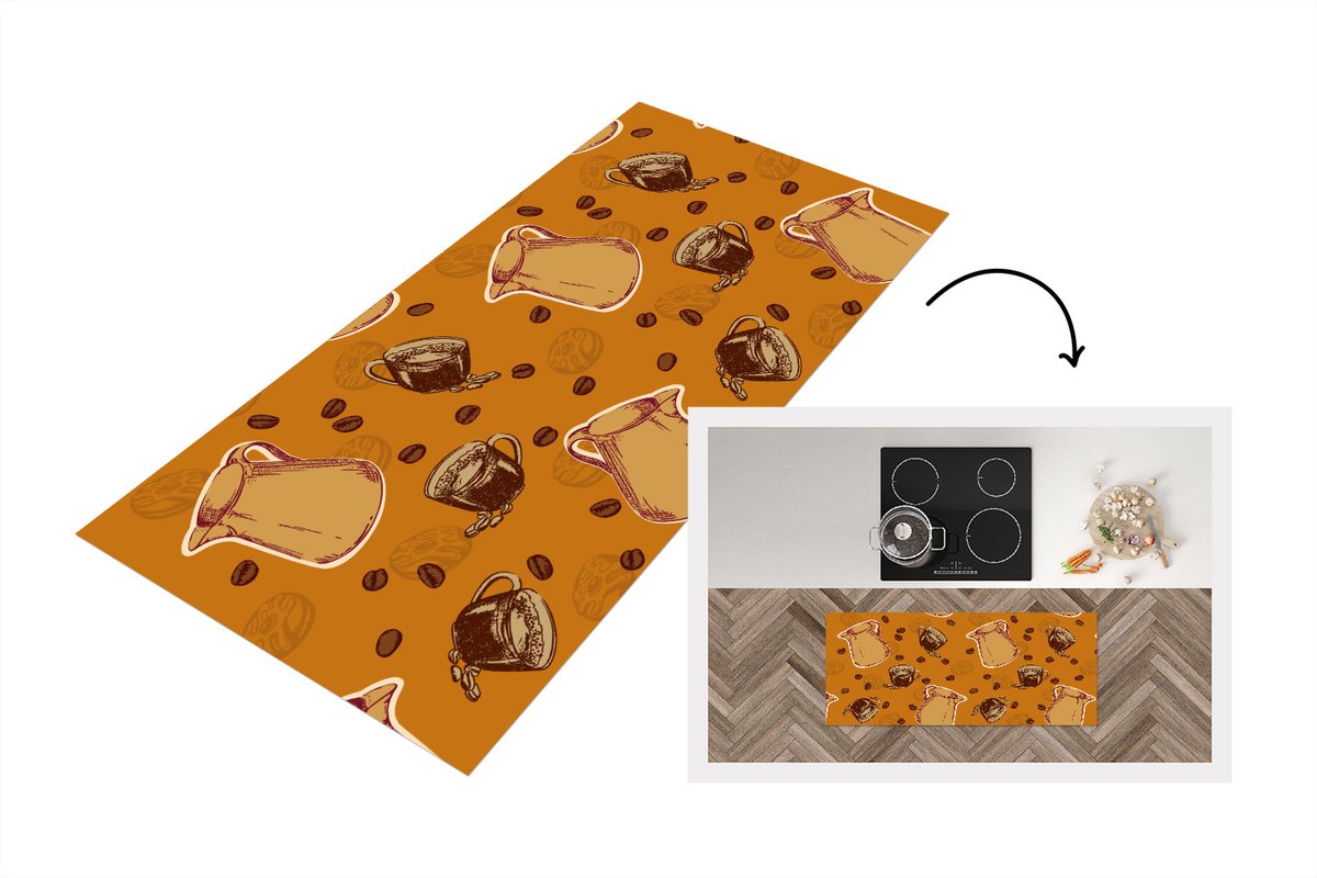 KitchenYeah Keukenloper - Loper keuken - Koffie - Patronen - Koffiebonen - 120x50 cm - Keukenloper vinyl Multicolor