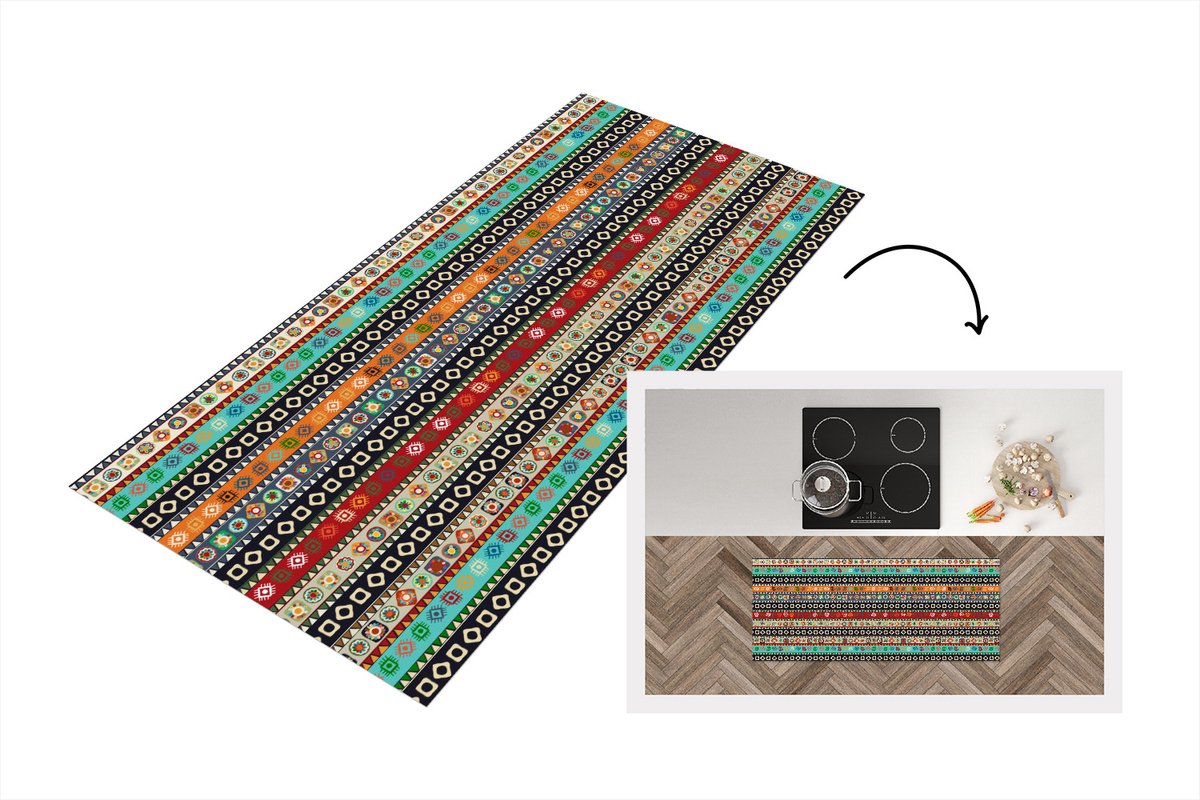 KitchenYeah Keukenloper - Loper keuken - Patroon - Azteken - Symbolen - Regenboog - 120x50 cm - Keukenloper vinyl Multicolor