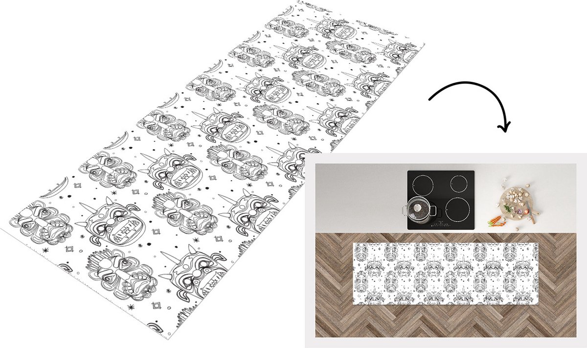 KitchenYeah Keukenloper - Loper keuken - Maskers - Inca - Patroon - Zwart-Wit - 180x60 cm - Keukenloper vinyl Zwart; Wit